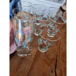 Vtg Libbey David Douglas 8 Aqua Gold Pinecone Glasses 4.5" barware MCM